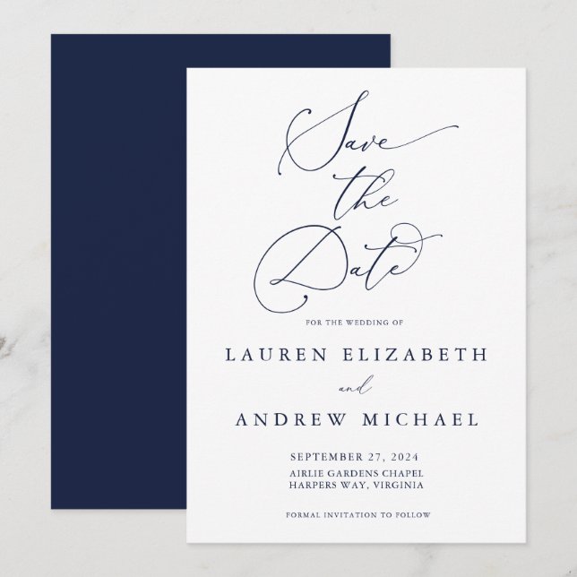 Navy Blue Minimalist Save the Date Invitation (Front/Back)