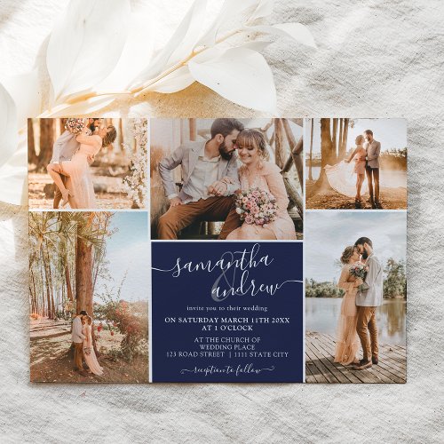 Navy blue minimalist script 6 photos wedding invitation