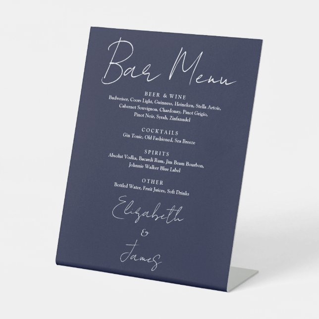 Navy Blue Minimalist Script Bar Menu Pedestal Sign (Front)
