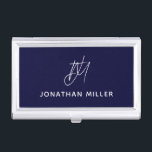 Navy Blue Minimalist Script Monogram Business Card Case<br><div class="desc">Keep your business cards organized and protected in this modern and minimalist business card case featuring a script monogram design. The sleek and stylish design is perfect for any professional setting.</div>