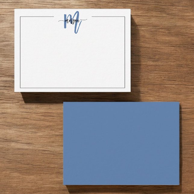 Navy Blue Minimalist Script Monogram One Border Note Card (Creator Uploaded)