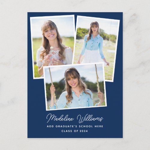 Navy Blue Minimalist Script Multi Photo Graduation Postcard