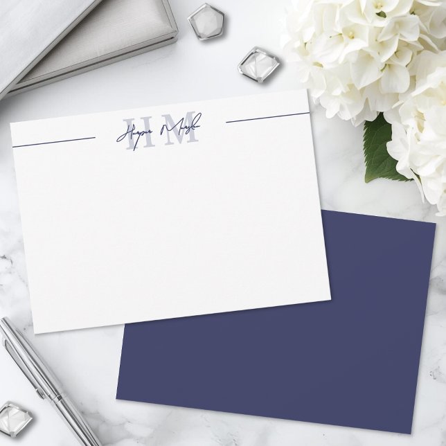 Navy Blue Minimalist Script Name Monogram Note Card (Navy Blue Minimalist Script Name Monogram Note Card)