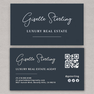 Navy Blue Minimalist Script QR Code Business Card