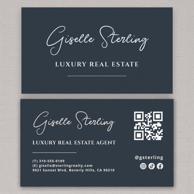 Navy Blue Minimalist Script QR Code Business Card (Creator Uploaded)