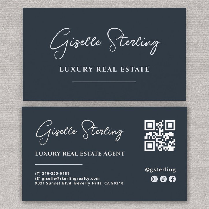 Navy Blue Minimalist Script QR Code Business Card