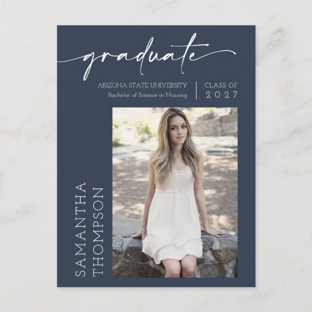 Navy Blue Minimalist Script She Did It Photo Grad Postcard (Front)