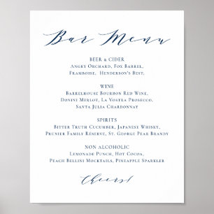 Navy Blue Minimalist Script Wedding Bar Menu Poster