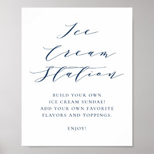 Navy Blue Minimalist Script Wedding Ice Cream Bar Poster