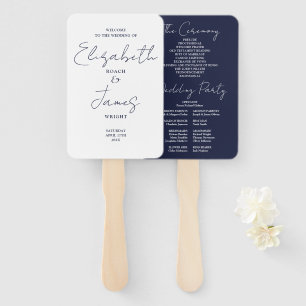 Navy Blue Minimalist Script Wedding Program Hand Fan