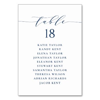 Navy Blue Minimalist Script Wedding Seating Plan Table Number by misstallulah at Zazzle