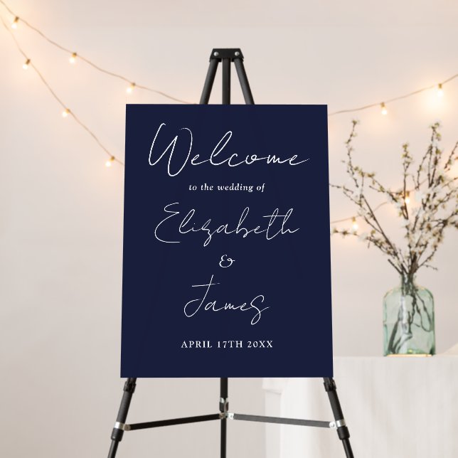 Navy Blue Minimalist Script Wedding Welcome Sign (In Situ (Stand))
