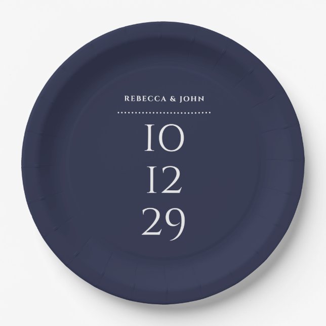 Navy Blue Minimalist Special Date Wedding Paper Plates (Front)