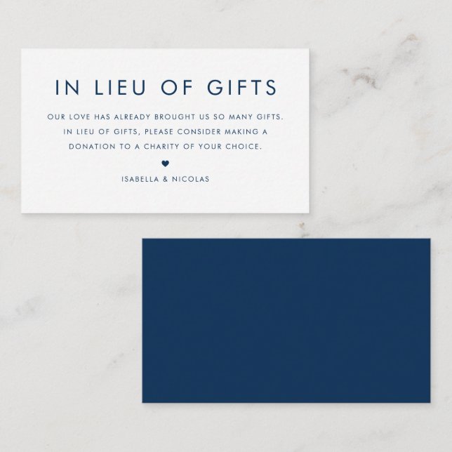Navy Blue Minimalist Typography In Lieu Of Gifts Enclosure Card (Front/Back)