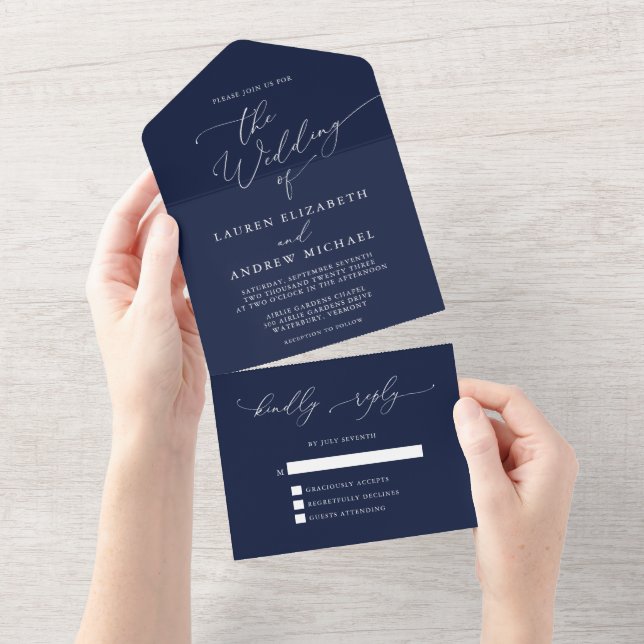 Navy Blue Minimalist Wedding All in One All In One Invitation (Tearaway)