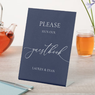 Navy Blue Minimalist Wedding Guestbook 2 Pedestal Sign