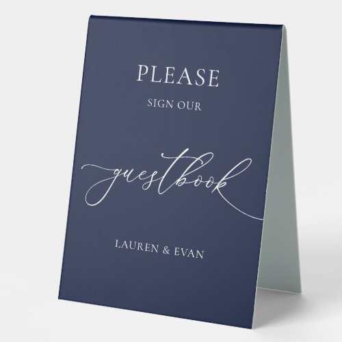 Navy Blue Minimalist Wedding Guestbook 2 Table Tent Sign