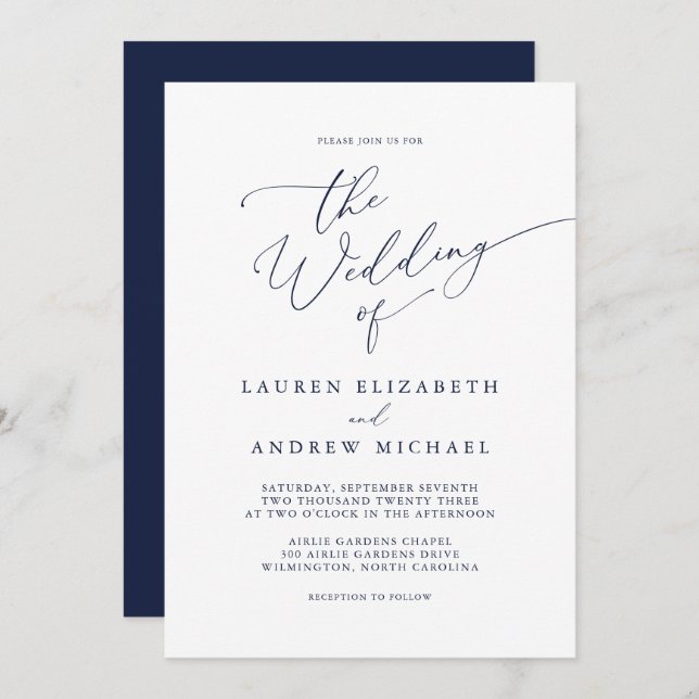 Navy Blue Minimalist Wedding Invitation (Front/Back)
