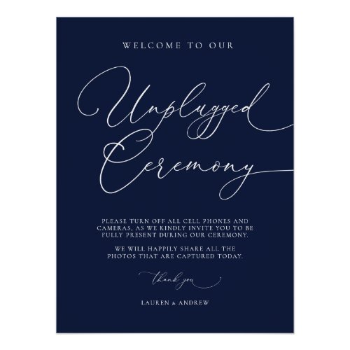 Navy Blue Minimalist Wedding Unplugged Ceremony Poster