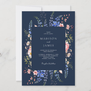 Navy Blue Minimalist Wildflower Floral Wedding Invitation