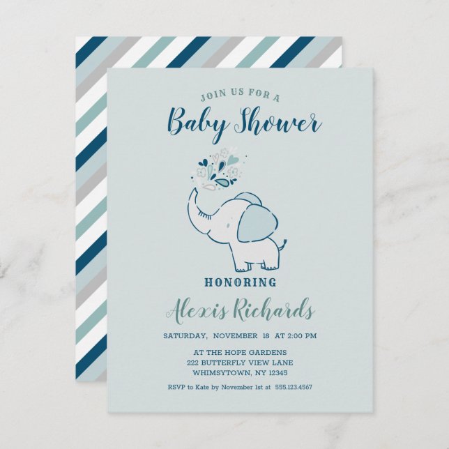 Navy Blue & Mint Cute Elephant Themed Baby Shower Invitation (Front/Back)