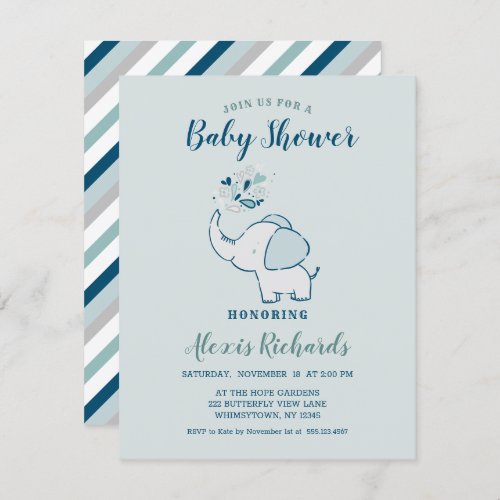 Navy Blue  Mint Cute Elephant Themed Baby Shower Invitation