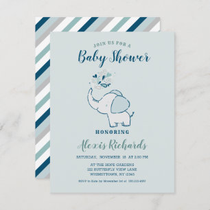 Navy Blue & Mint Cute Elephant Themed Baby Shower Invitation