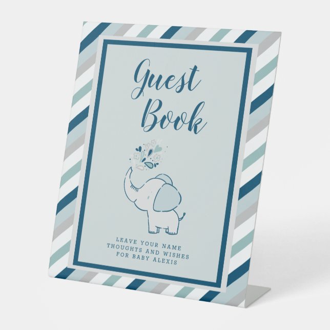 Navy Blue & Mint Elephant Baby Shower Guest Book Pedestal Sign (Front)