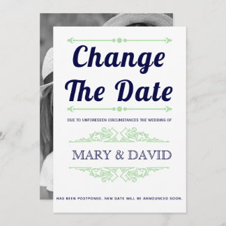 Navy blue, mint green Change the Date announcement