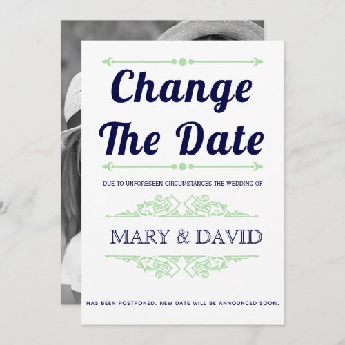 Navy blue mint green Change the Date announcement