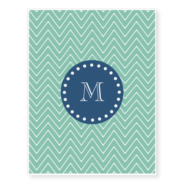 Navy Blue, Mint Green Chevron Pattern | Your Monog Temporary Tattoos (Front)