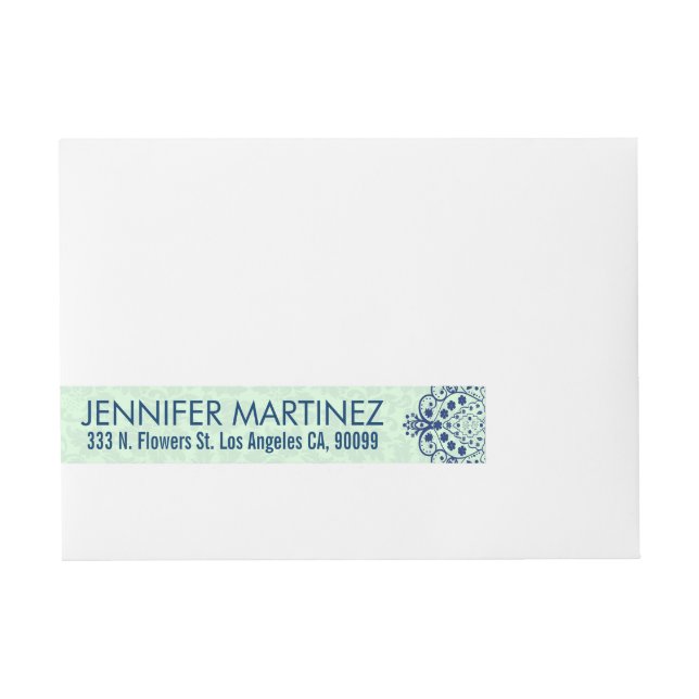 Navy Blue & Mint-Green Floral Lace Design Wrap Around Address Label (Front)