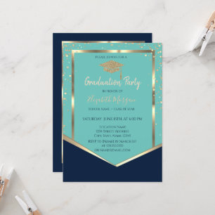 Navy Blue Mint Green Gold Diamonds Graduation Invitation