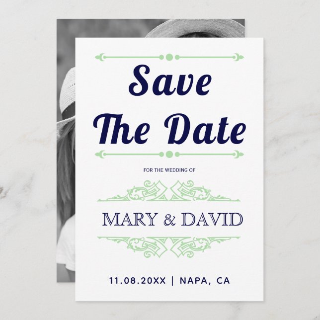 Navy blue mint green typography Save the Date (Front/Back)