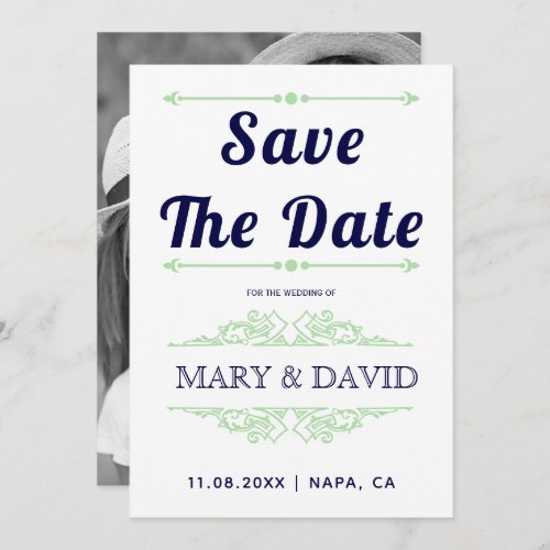 Navy blue mint green typography Save the Date