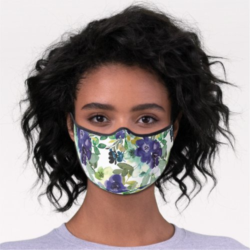Navy Blue Mint Green Watercolor Flowers Leaves Premium Face Mask