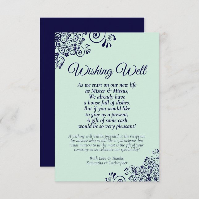 Navy Blue & Mint Green Wedding Wishing Well Poem Enclosure Card (Front/Back)