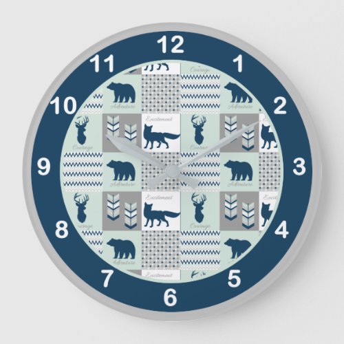 Navy Blue Mint Green Woodland Animals Large Clock