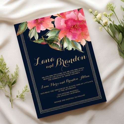 Navy blue mint pink gold glitter floral wedding invitation
