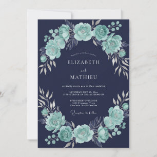 Navy Blue Mint Sophisticated Winter Wedding Invitation
