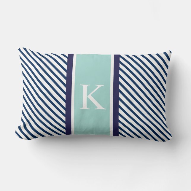 Navy Blue Mint Stripes & Monogram Lumbar Pillow (Front)