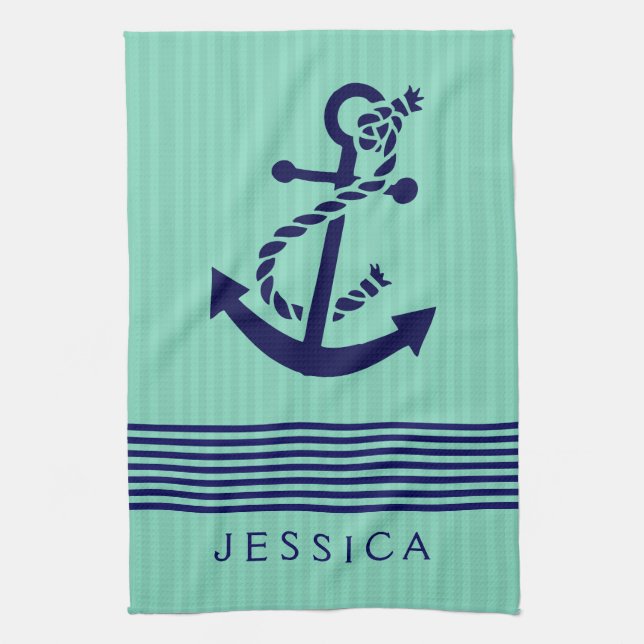 Navy Blue & Mint Stripes & Nautical Boat Anchor 2 Kitchen Towel (Vertical)