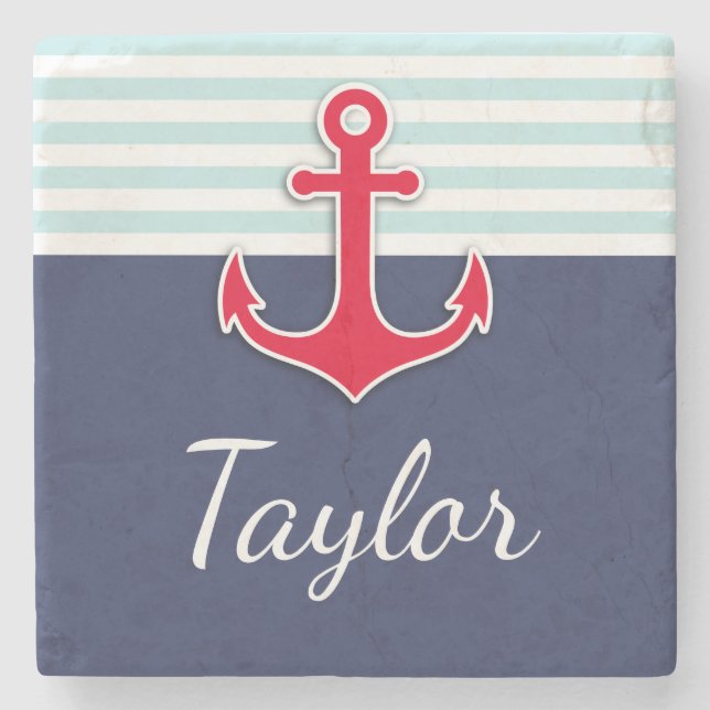 Navy Blue Mint Stripes Red Anchor Personalized Stone Coaster (Front)