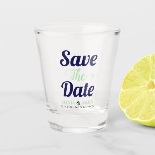 Navy blue mint typography and names Save the Date Shot Glass