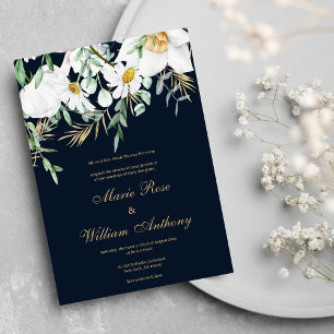 Navy blue mint white gold daisies floral Wedding Invitation