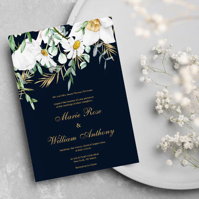 Navy blue mint white gold daisies floral Wedding Invitation | Zazzle