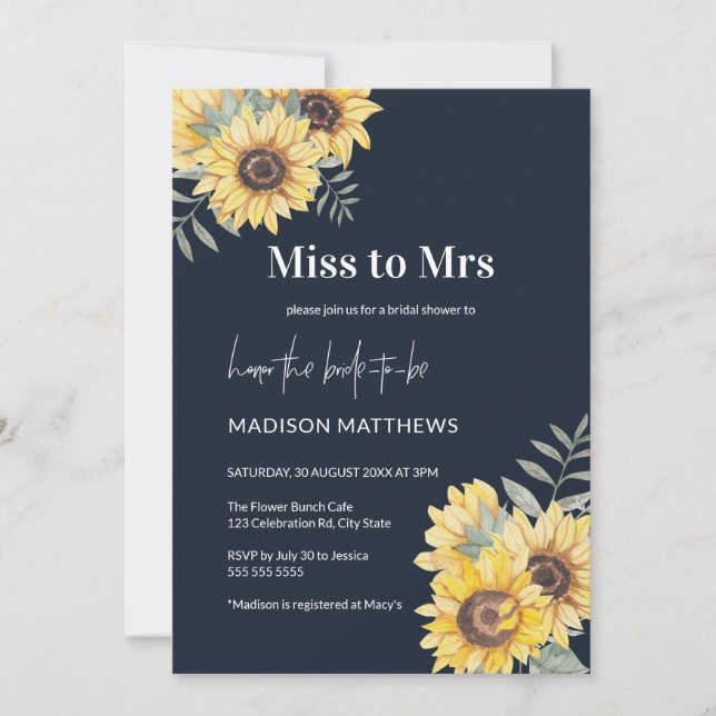 Navy Blue Miss to Mrs Sunflower Bridal Shower Invitation (Front)
