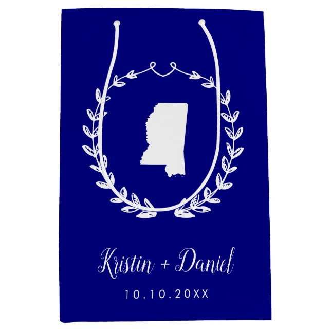 Navy Blue Mississippi Map Wedding Welcome Swag Medium Gift Bag (Front)