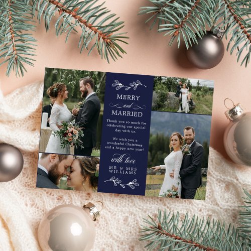 Navy Blue Mistletoe Merry Married Christmas Thank  Thank You Card