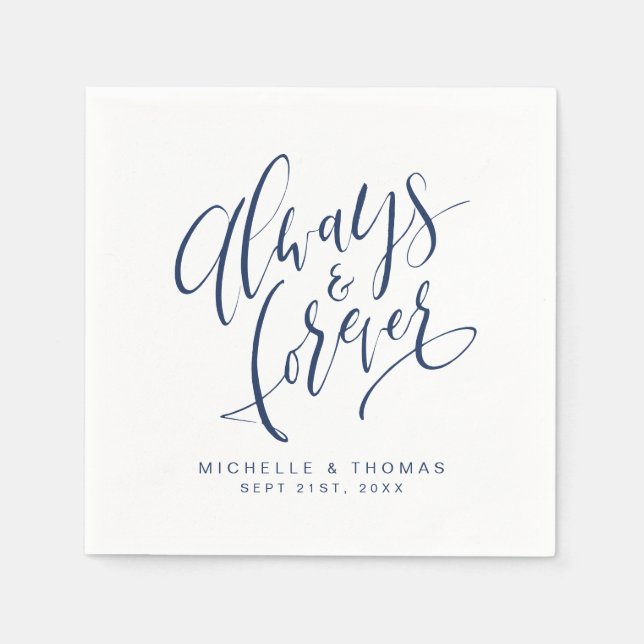 Navy Blue Modern Always And Forever Script Napkins (Front)